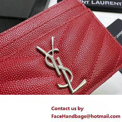 Saint Laurent Cassandre Matelasse Card Case In Grain De Poudre Embossed Leather 423291 Red/Silver