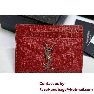 Saint Laurent Cassandre Matelasse Card Case In Grain De Poudre Embossed Leather 423291 Red/Silver