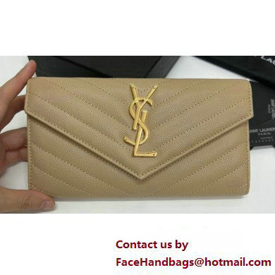 Saint Laurent Cassandre Matelasse Large Flap Wallet In Grain De Poudre Embossed Leather 372264 Beige/Gold - Click Image to Close