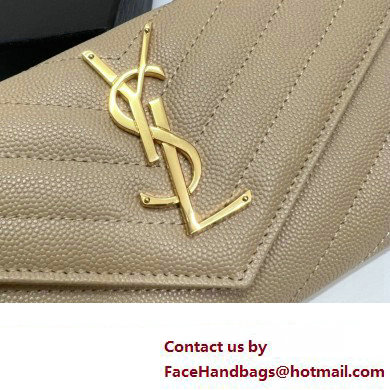 Saint Laurent Cassandre Matelasse Large Flap Wallet In Grain De Poudre Embossed Leather 372264 Beige/Gold