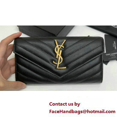 Saint Laurent Cassandre Matelasse Large Flap Wallet In Grain De Poudre Embossed Leather 372264 Black/Gold