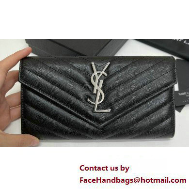 Saint Laurent Cassandre Matelasse Large Flap Wallet In Grain De Poudre Embossed Leather 372264 Black/Silver