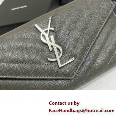 Saint Laurent Cassandre Matelasse Large Flap Wallet In Grain De Poudre Embossed Leather 372264 Gray/Silver