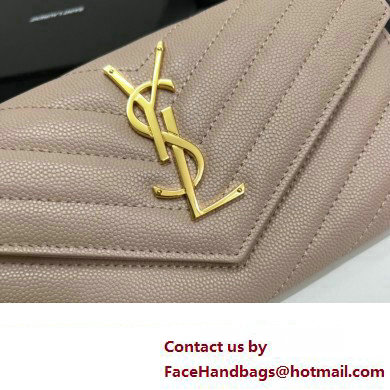 Saint Laurent Cassandre Matelasse Large Flap Wallet In Grain De Poudre Embossed Leather 372264 Nude Pink/Gold