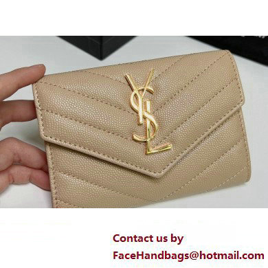 Saint Laurent Cassandre Matelasse Small Envelope Wallet In Grain De Poudre Embossed Leather 414404 Beige/Gold - Click Image to Close