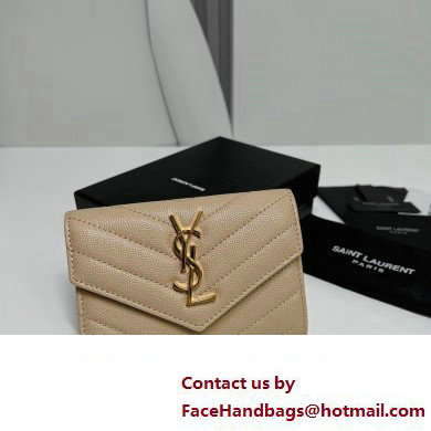 Saint Laurent Cassandre Matelasse Small Envelope Wallet In Grain De Poudre Embossed Leather 414404 Beige/Gold