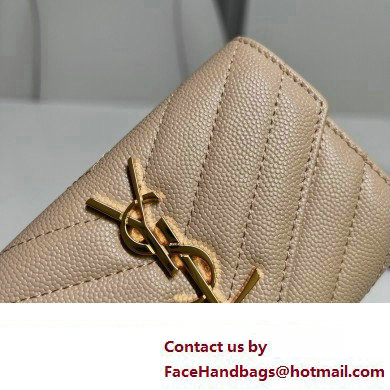 Saint Laurent Cassandre Matelasse Small Envelope Wallet In Grain De Poudre Embossed Leather 414404 Beige/Gold