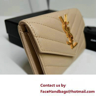 Saint Laurent Cassandre Matelasse Small Envelope Wallet In Grain De Poudre Embossed Leather 414404 Beige/Gold