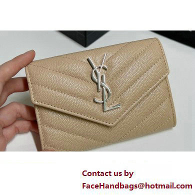 Saint Laurent Cassandre Matelasse Small Envelope Wallet In Grain De Poudre Embossed Leather 414404 Beige/Silver