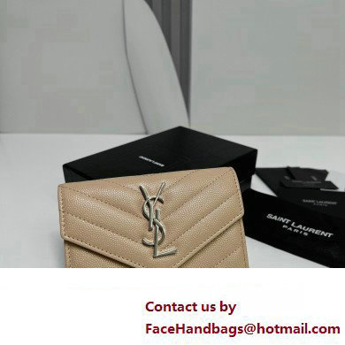 Saint Laurent Cassandre Matelasse Small Envelope Wallet In Grain De Poudre Embossed Leather 414404 Beige/Silver