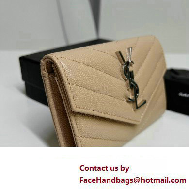 Saint Laurent Cassandre Matelasse Small Envelope Wallet In Grain De Poudre Embossed Leather 414404 Beige/Silver