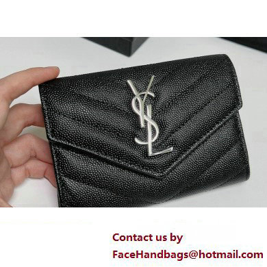 Saint Laurent Cassandre Matelasse Small Envelope Wallet In Grain De Poudre Embossed Leather 414404 Black/Silver