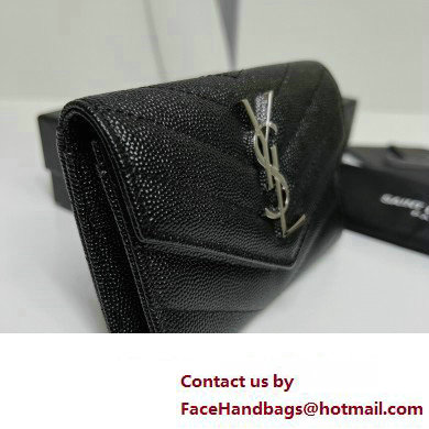 Saint Laurent Cassandre Matelasse Small Envelope Wallet In Grain De Poudre Embossed Leather 414404 Black/Silver