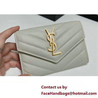 Saint Laurent Cassandre Matelasse Small Envelope Wallet In Grain De Poudre Embossed Leather 414404 Blanc Vintage/Gold