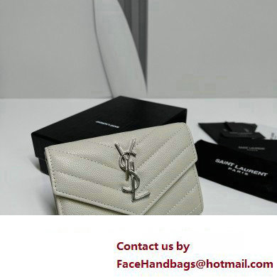 Saint Laurent Cassandre Matelasse Small Envelope Wallet In Grain De Poudre Embossed Leather 414404 Blanc Vintage/Silver