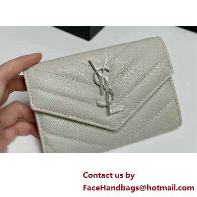 Saint Laurent Cassandre Matelasse Small Envelope Wallet In Grain De Poudre Embossed Leather 414404 Blanc Vintage/Silver