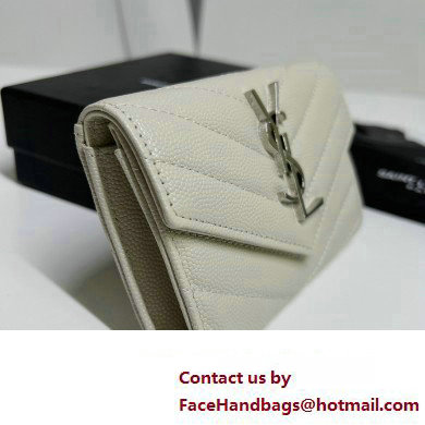 Saint Laurent Cassandre Matelasse Small Envelope Wallet In Grain De Poudre Embossed Leather 414404 Blanc Vintage/Silver