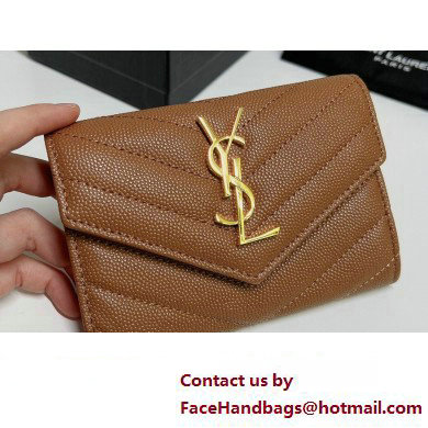 Saint Laurent Cassandre Matelasse Small Envelope Wallet In Grain De Poudre Embossed Leather 414404 Brown/Gold - Click Image to Close