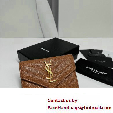 Saint Laurent Cassandre Matelasse Small Envelope Wallet In Grain De Poudre Embossed Leather 414404 Brown/Gold