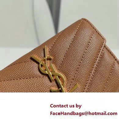 Saint Laurent Cassandre Matelasse Small Envelope Wallet In Grain De Poudre Embossed Leather 414404 Brown/Gold