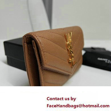 Saint Laurent Cassandre Matelasse Small Envelope Wallet In Grain De Poudre Embossed Leather 414404 Brown/Gold