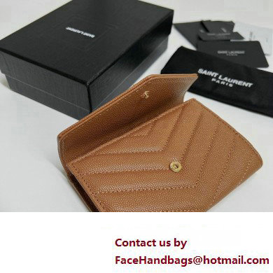 Saint Laurent Cassandre Matelasse Small Envelope Wallet In Grain De Poudre Embossed Leather 414404 Brown/Gold