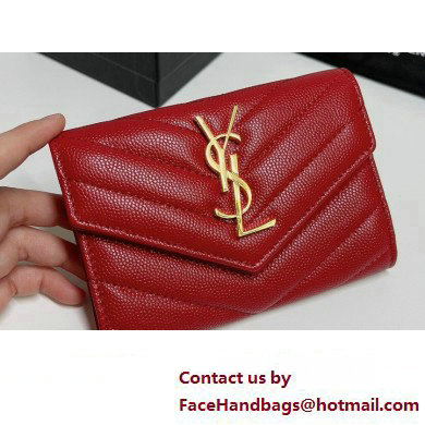 Saint Laurent Cassandre Matelasse Small Envelope Wallet In Grain De Poudre Embossed Leather 414404 Red/Gold