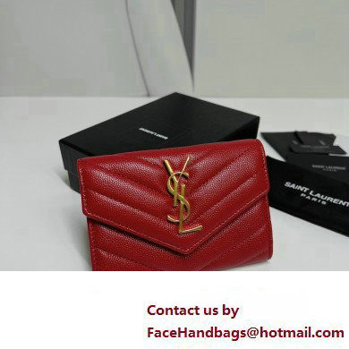 Saint Laurent Cassandre Matelasse Small Envelope Wallet In Grain De Poudre Embossed Leather 414404 Red/Gold