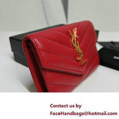 Saint Laurent Cassandre Matelasse Small Envelope Wallet In Grain De Poudre Embossed Leather 414404 Red/Gold