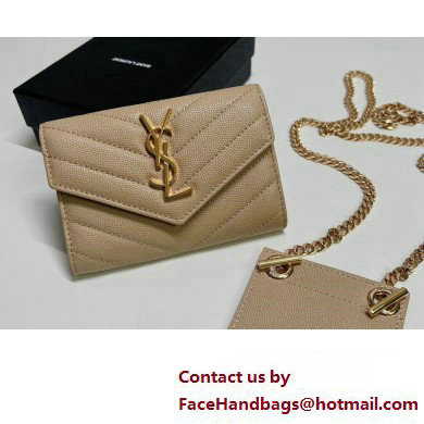 Saint Laurent Cassandre Matelasse Small Envelope Wallet with Chain In Grain De Poudre Embossed Leather 414404 Beige