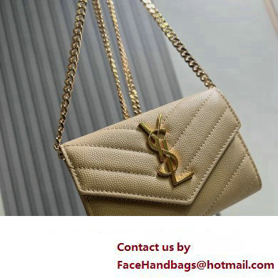 Saint Laurent Cassandre Matelasse Small Envelope Wallet with Chain In Grain De Poudre Embossed Leather 414404 Beige