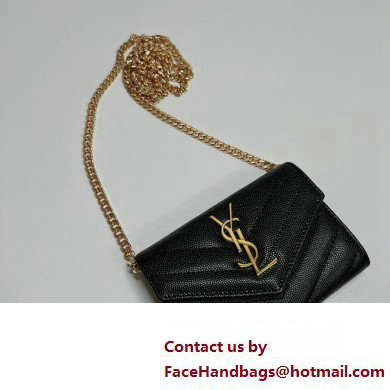 Saint Laurent Cassandre Matelasse Small Envelope Wallet with Chain In Grain De Poudre Embossed Leather 414404 Black