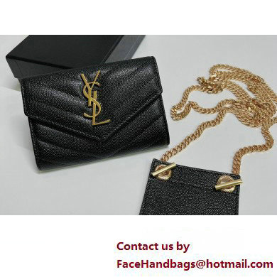 Saint Laurent Cassandre Matelasse Small Envelope Wallet with Chain In Grain De Poudre Embossed Leather 414404 Black