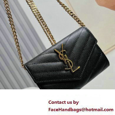 Saint Laurent Cassandre Matelasse Small Envelope Wallet with Chain In Grain De Poudre Embossed Leather 414404 Black