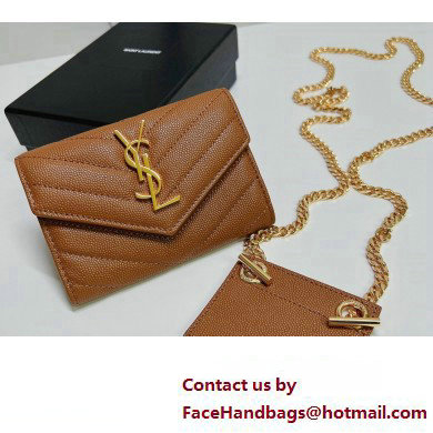 Saint Laurent Cassandre Matelasse Small Envelope Wallet with Chain In Grain De Poudre Embossed Leather 414404 Brown