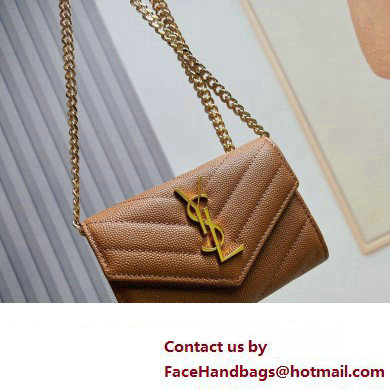 Saint Laurent Cassandre Matelasse Small Envelope Wallet with Chain In Grain De Poudre Embossed Leather 414404 Brown