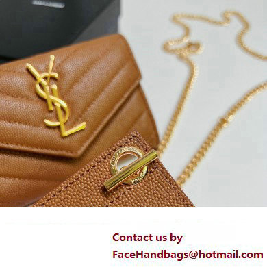 Saint Laurent Cassandre Matelasse Small Envelope Wallet with Chain In Grain De Poudre Embossed Leather 414404 Brown