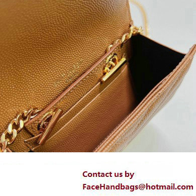 Saint Laurent Cassandre Matelasse Small Envelope Wallet with Chain In Grain De Poudre Embossed Leather 414404 Brown