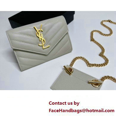 Saint Laurent Cassandre Matelasse Small Envelope Wallet with Chain In Grain De Poudre Embossed Leather 414404 Gray