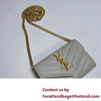 Saint Laurent Cassandre Matelasse Small Envelope Wallet with Chain In Grain De Poudre Embossed Leather 414404 Gray