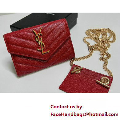 Saint Laurent Cassandre Matelasse Small Envelope Wallet with Chain In Grain De Poudre Embossed Leather 414404 Red