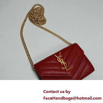 Saint Laurent Cassandre Matelasse Small Envelope Wallet with Chain In Grain De Poudre Embossed Leather 414404 Red