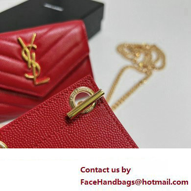 Saint Laurent Cassandre Matelasse Small Envelope Wallet with Chain In Grain De Poudre Embossed Leather 414404 Red