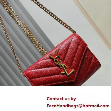 Saint Laurent Cassandre Matelasse Small Envelope Wallet with Chain In Grain De Poudre Embossed Leather 414404 Red