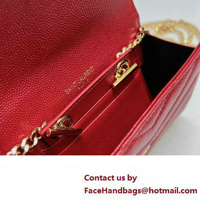 Saint Laurent Cassandre Matelasse Small Envelope Wallet with Chain In Grain De Poudre Embossed Leather 414404 Red