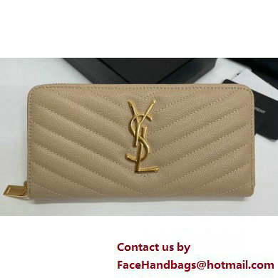 Saint Laurent Cassandre Matelasse Zip Around Wallet In Grain De Poudre Embossed Leather 358094 Beige/Gold