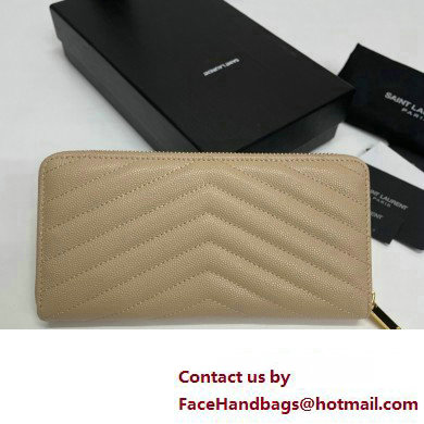 Saint Laurent Cassandre Matelasse Zip Around Wallet In Grain De Poudre Embossed Leather 358094 Beige/Gold