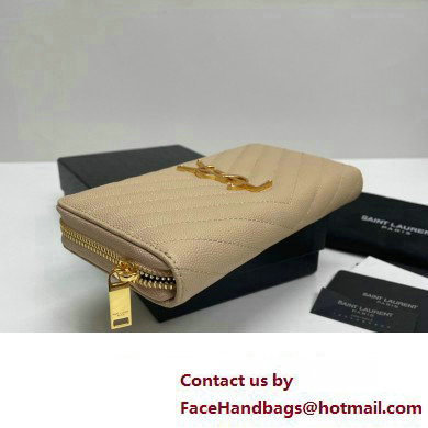 Saint Laurent Cassandre Matelasse Zip Around Wallet In Grain De Poudre Embossed Leather 358094 Beige/Gold