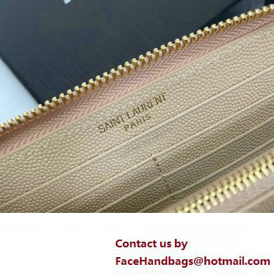 Saint Laurent Cassandre Matelasse Zip Around Wallet In Grain De Poudre Embossed Leather 358094 Beige/Gold