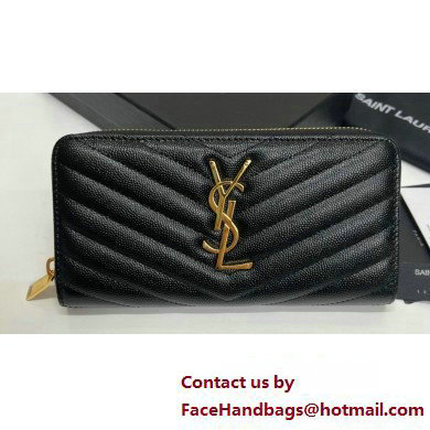 Saint Laurent Cassandre Matelasse Zip Around Wallet In Grain De Poudre Embossed Leather 358094 Black/Gold